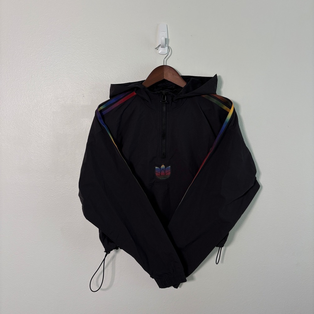 Adidas Originals Womens Cropped Half-Zip Windbreaker Black Rainbow GD2262 Medium